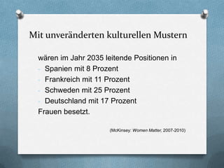Mit unveränderten kulturellen Mustern

  wären im Jahr 2035 leitende Positionen in
  - Spanien mit 8 Prozent
  - Frankreich mit 11 Prozent
  - Schweden mit 25 Prozent
  - Deutschland mit 17 Prozent
  Frauen besetzt.

                       (McKinsey: Women Matter, 2007-2010)
 
