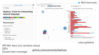 github.com/cemoody/lda2vec
uses pyldavis
API Ref docs (no narrative docs)
GPU
Decent test coverage
@chrisemoody
 