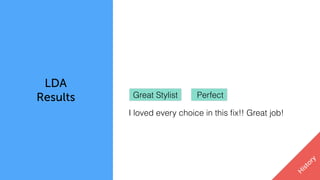 LDA
Results
context
H
istory
I loved every choice in this ﬁx!! Great job!
Great Stylist Perfect
 