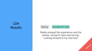 LDA
Results
context
H
istory
Sizing
Really enjoyed the experience and the
pieces, sizing for tops was too big.
Looking forward to my next box!
Excited for next
 