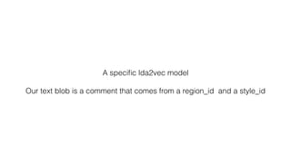 A speciﬁc lda2vec model
Our text blob is a comment that comes from a region_id and a style_id
 