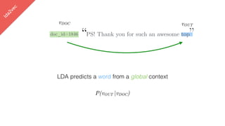 lda2vec
LDA predicts a word from a global context
doc_id=1846
P(vOUT |vDOC)
vOUT
vDOC
“PS! Thank you for such an awesome top”
 