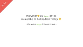 lda2vec
This works! 😀 But vDOC isn’t as
interpretable as the LDA topic vectors. 😔
Let’s make vDOC into a mixture…
 
