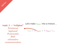 lda2vec
Let’s make vDOC into a mixture…
vDOC = a vtopic1 + b vtopic2 +…
topic 1 = “religion”
Trinitarian
baptismal
Pentecostals
Bede
schismatics
excommunication
 