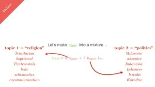 lda2vec
Let’s make vDOC into a mixture…
vDOC = a vtopic1 + b vtopic2 +…
topic 1 = “religion”
Trinitarian
baptismal
Pentecostals
bede
schismatics
excommunication
topic 2 = “politics”
Milosevic
absentee
Indonesia
Lebanese
Isrealis
Karadzic
 