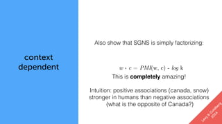 context
dependent
context
Levy
&
G
oldberg
2014
Also show that SGNS is simply factorizing:
w * c = PMI(w, c) - log k
This is completely amazing!
Intuition: positive associations (canada, snow)
stronger in humans than negative associations
(what is the opposite of Canada?)
 