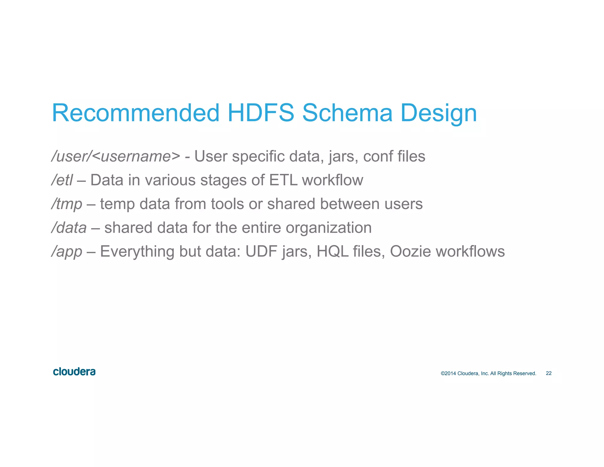 22
Recommended HDFS Schema Design
/user/<username> - User specific data, jars, conf files
/etl – Data in various stages of ETL workflow
/tmp – temp data from tools or shared between users
/data – shared data for the entire organization
/app – Everything but data: UDF jars, HQL files, Oozie workflows
©2014 Cloudera, Inc. All Rights Reserved.
 