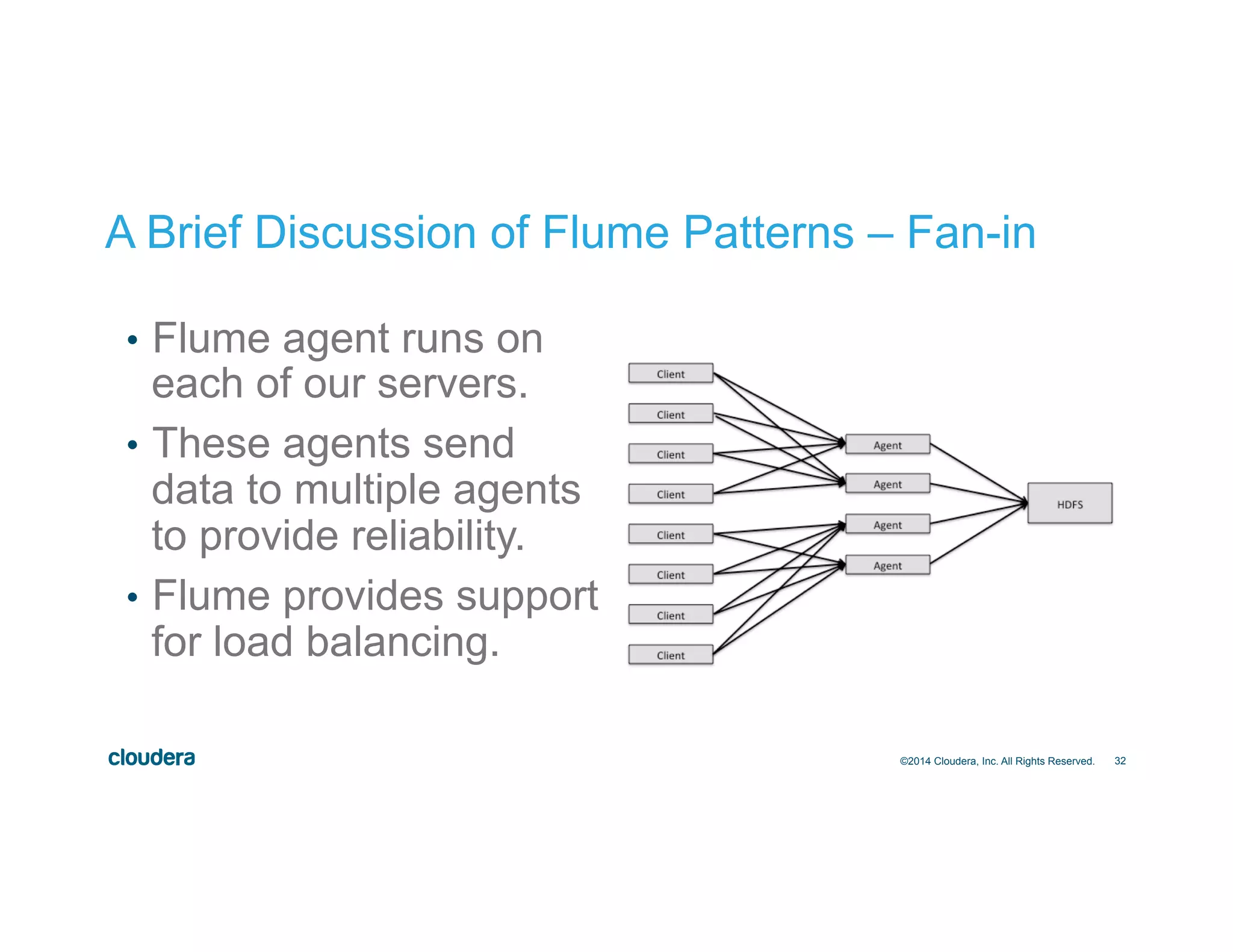 32
A Brief Discussion of Flume Patterns – Fan-in
•  Flume agent runs on
each of our servers.
•  These agents send
data to multiple agents
to provide reliability.
•  Flume provides support
for load balancing.
©2014 Cloudera, Inc. All Rights Reserved.
 