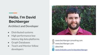Hello, I’m David
Bechberger
Architect and Developer
● Distributed systems
● High performance low
latency big data platform...