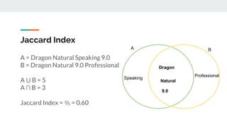 A = Dragon Natural Speaking 9.0
B = Dragon Natural 9.0 Professional
A ⋃ B = 5
A ∩ B = 3
Jaccard Index = ⅗ = 0.60
Jaccard I...