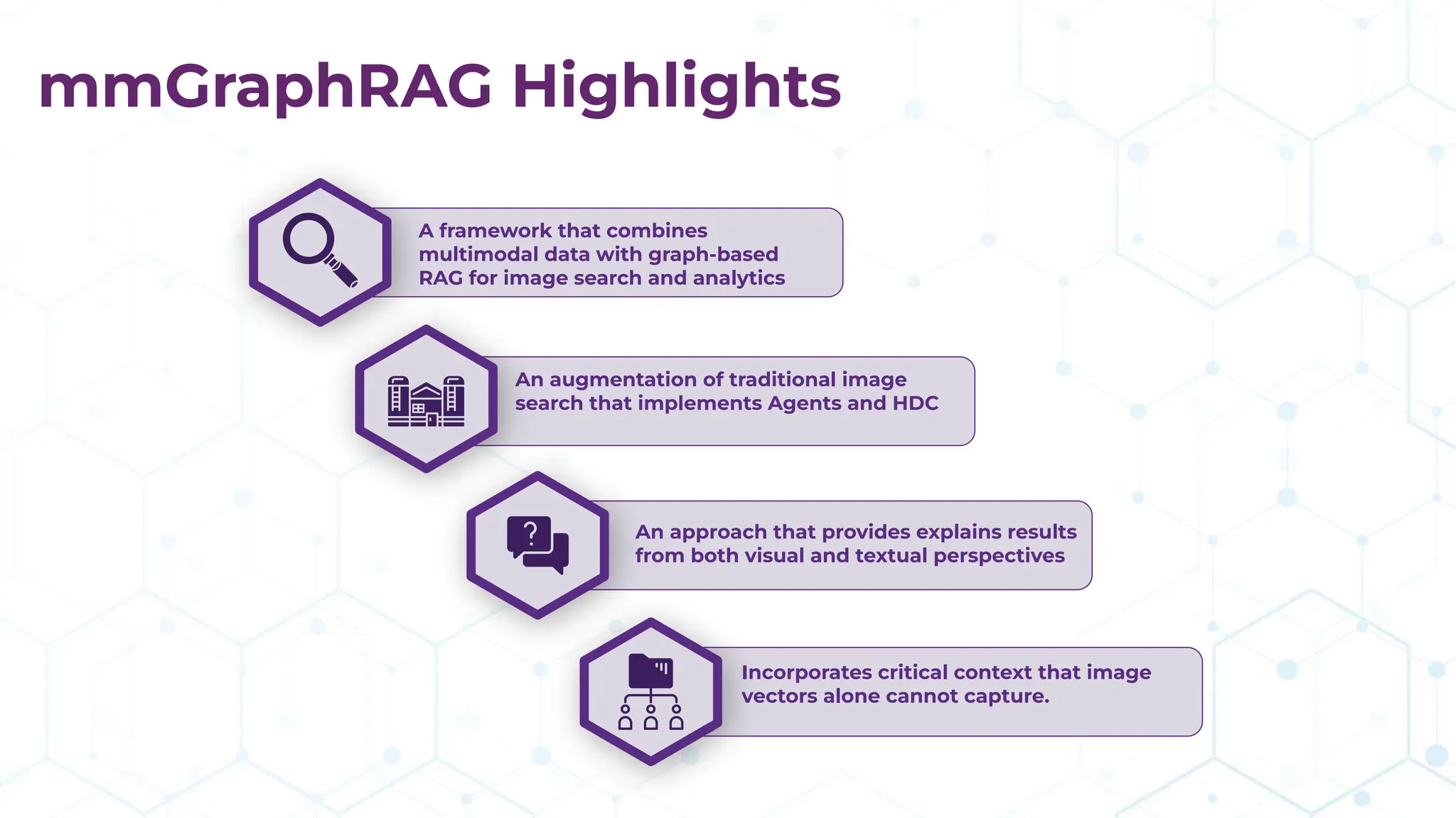 mmGraphRAG Highlights
A framework that combines
multimodal data with graph-based
RAG for image search and analytics
An augmentation of traditional image
search that implements Agents and HDC
An approach that provides explains results
from both visual and textual perspectives
Incorporates critical context that image
vectors alone cannot capture.
 