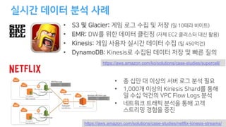 • 0 : D L W g y
• 35 R w , Vh o
• 1 B E E L cow i R g () mK
• GB C 1 B E EW g S R y s
https://aws.amazon.com/ko/solutions/case-studies/supercell/
https://aws.amazon.com/solutions/case-studies/netflix-kinesis-streams/
• l ds e W a n
• ds 1 B E E D
gl mKs 4, CF 2C E a
• P a r
h M r
 
