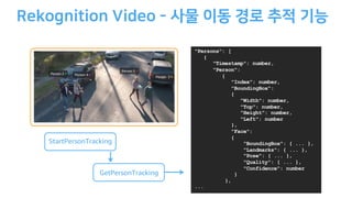 "Persons": [
{
"Timestamp": number,
"Person":
{
"Index": number,
"BoundingBox":
{
"Width": number,
"Top": number,
"Height": number,
"Left": number
},
"Face":
{
"BoundingBox": { ... },
"Landmarks": { ... },
"Pose": { ... },
"Quality": { ... },
"Confidence": number
}
},
...
GetPersonTracking
StartPersonTracking
-
 