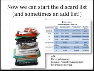 Now we can start the discard list
(and sometimes an add list!)
Add:
Universal screener
Common Formative Assessment
Progress monitoring
 