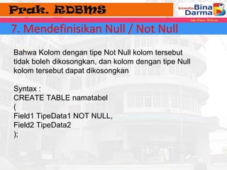 7. Mendefinisikan Null / Not Null 
Bahwa Kolom dengan tipe Not Null kolom tersebut 
tidak boleh dikosongkan, dan kolom dengan tipe Null 
kolom tersebut dapat dikosongkan 
Syntax : 
CREATE TABLE namatabel 
( 
Field1 TipeData1 NOT NULL, 
Field2 TipeData2 
); 
 