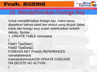 15. Mendefinisikan Foreign Key 
Untuk mendefinisikan foreign key, maka harus 
dipastikan bahwa tabel dan atribut yang dirujuk (tabel 
induk dari foreign key) sudah didefinisikan terlebih 
dahulu. Syntax : 
1. CREATE TABLE namatabel 
( 
Field1 TipeData1, 
Field2 TipeData2, 
FOREIGN KEY (Field2) REFERENCES 
namatabelinduk 
(namakolominduk)ON UPDATE CASCADE 
ON DELETE NO ACTION 
) 
 