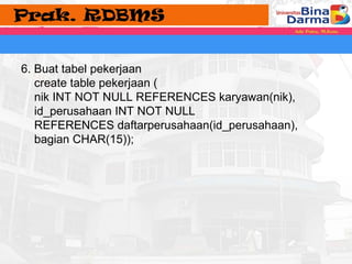 6. Buat tabel pekerjaan 
create table pekerjaan ( 
nik INT NOT NULL REFERENCES karyawan(nik), 
id_perusahaan INT NOT NULL 
REFERENCES daftarperusahaan(id_perusahaan), 
bagian CHAR(15)); 
 