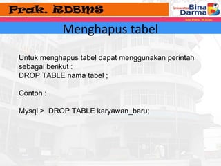 Menghapus tabel 
Untuk menghapus tabel dapat menggunakan perintah 
sebagai berikut : 
DROP TABLE nama tabel ; 
Contoh : 
Mysql > DROP TABLE karyawan_baru; 
 