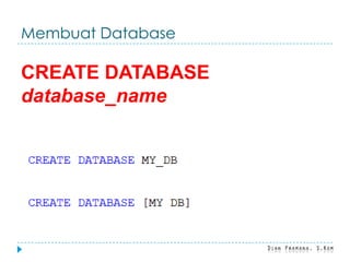 Membuat Database
CREATE DATABASE
database_name
 