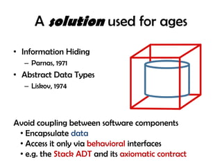 A solution used for ages
• Information Hiding
– Parnas, 1971
• Abstract Data Types
– Liskov, 1974
Avoid coupling between software components
• Encapsulate data
• Access it only via behavioral interfaces
• e.g. the Stack ADT and its axiomatic contract
 