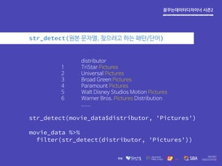 꿈꾸는데이터디자이너 시즌2
str_detect(원본 문자열, 찾으려고 하는 패턴/단어)
str_detect(movie_data$distributor, 'Pictures')
movie_data %>%
filter(str_detect(distributor, 'Pictures'))
distributor
1 TriStar Pictures
2 Universal Pictures
3 Broad Green Pictures
4 Paramount Pictures
5 Walt Disney Studios Motion Pictures
6 Warner Bros. Pictures Distribution
......
 