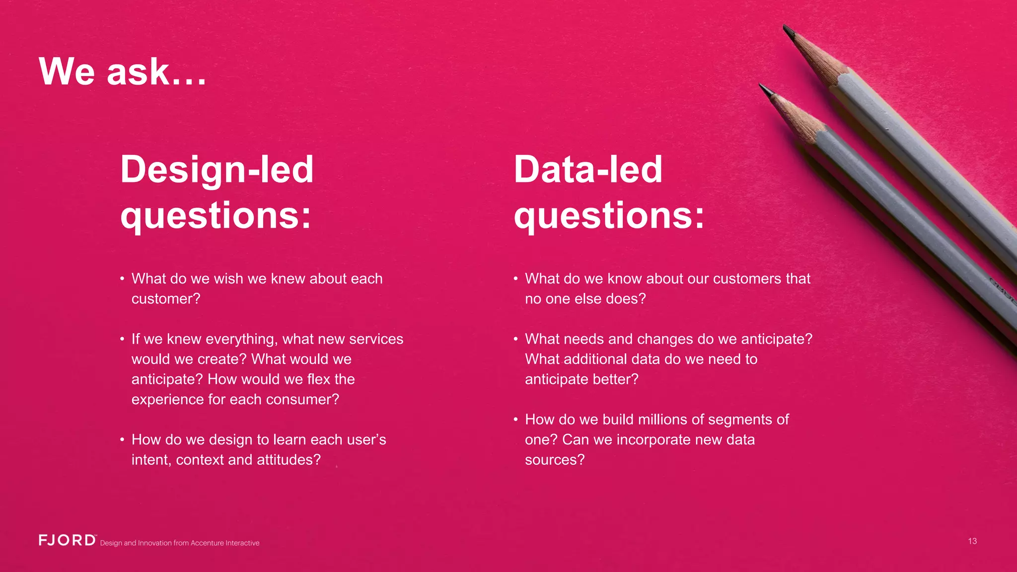 Design-led
questions:
• What do we wish we knew about each
customer?
• If we knew everything, what new services
would we create? What would we
anticipate? How would we flex the
experience for each consumer?
• How do we design to learn each user’s
intent, context and attitudes?
Data-led
questions:
• What do we know about our customers that
no one else does?
• What needs and changes do we anticipate?
What additional data do we need to
anticipate better?
• How do we build millions of segments of
one? Can we incorporate new data
sources?
We ask…
 