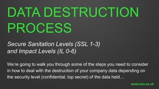 DATA DESTRUCTION
PROCESS
We’re going to walk you through some of the steps you need to consider
in how to deal with the destruction of your company data depending on
the security level (confidential, top secret) of the data held…
Secure Sanitation Levels (SSL 1-3)
and Impact Levels (IL 0-6)
www.icex.co.uk
 
