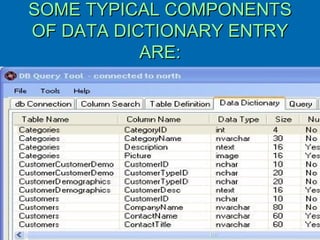 SOME TYPICAL COMPONENTS OF DATA DICTIONARY ENTRY ARE: 