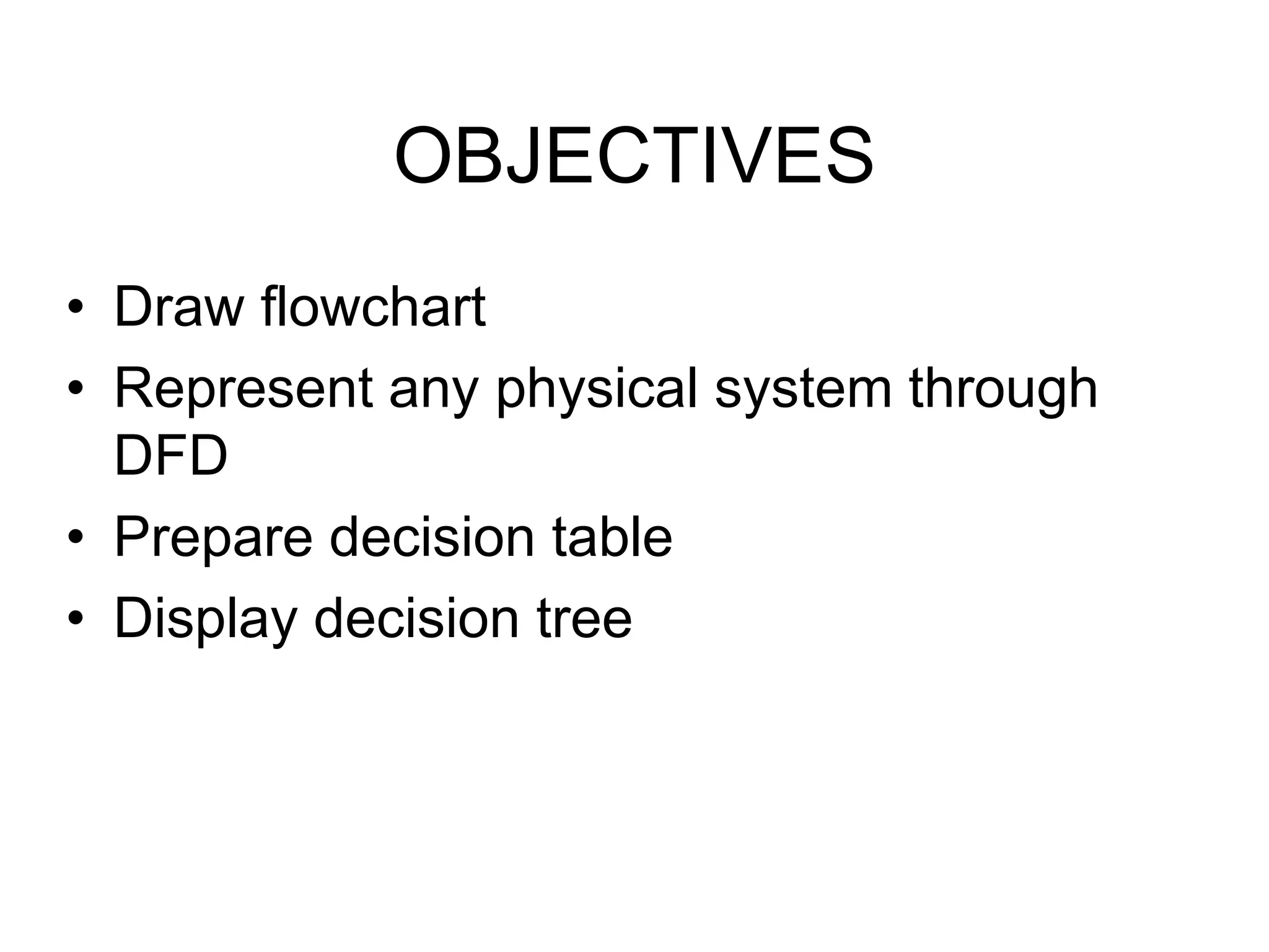 OBJECTIVES
• Draw flowchart
• Represent any physical system through
DFD
• Prepare decision table
• Display decision tree
 