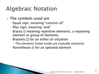  The symbols used are
◦ Equal sign, meaning “consists of”
◦ Plus sign, meaning "and”
◦ Braces {} meaning repetitive elements, a repeating
element or group of elements
◦ Brackets [] for an either/or situation
 The elements listed inside are mutually exclusive
◦ Parentheses () for an optional element
Kendall & KendallCopyright © 2002 by Prentice Hall, Inc.
10-
12
 