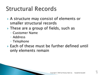  A structure may consist of elements or
smaller structural records
 These are a group of fields, such as
◦ Customer Name
◦ Address
◦ Telephone
 Each of these must be further defined until
only elements remain
Kendall & KendallCopyright © 2002 by Prentice Hall, Inc.
10-
18
 