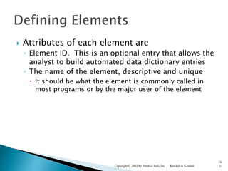  Attributes of each element are
◦ Element ID. This is an optional entry that allows the
analyst to build automated data dictionary entries
◦ The name of the element, descriptive and unique
 It should be what the element is commonly called in
most programs or by the major user of the element
Kendall & KendallCopyright © 2002 by Prentice Hall, Inc.
10-
22
 