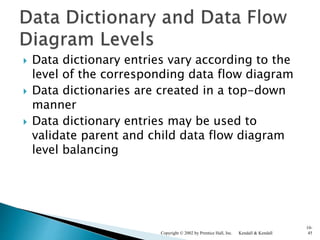  Data dictionary entries vary according to the
level of the corresponding data flow diagram
 Data dictionaries are created in a top-down
manner
 Data dictionary entries may be used to
validate parent and child data flow diagram
level balancing
Kendall & KendallCopyright © 2002 by Prentice Hall, Inc.
10-
45
 
