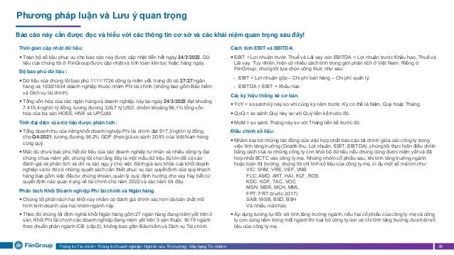 Thông tin Tài chính • Thông tin Doanh nghiệp • Nghiên cứu Thị trường • Xếp hạng Tín nhiệm 36
Phương pháp luận và Lưu ý quan trọng
Báo cáo này cần được đọc và hiểu với các thông tin cơ sở và các khái niệm quan trọng sau đây!
Thời gian cập nhật dữ liệu:
 Toàn bộ số liệu phục vụ cho báo cáo này được cập nhật đến hết ngày 24/3/2022. Dữ
liệu của chúng tôi ở FiinGroup được cập nhật và tính toán liên tục hoặc hàng ngày.
Độ bao phủ dữ liệu :
 Dữ liệu của chúng tôi bao phủ 1111/1726 công ty niêm yết, trong đó có 27/27 ngân
hàng và 1030/1634 doanh nghiệp thuộc nhóm Phi tài chính (không bao gồm Bảo hiểm
và Dich vụ tài chính).
 Tổng vốn hóa của các ngân hàng và doanh nghiệp này tại ngày 24/3/2022 đạt khoảng
7.415,4 nghìn tỷ đồng, tương đương 326,7 tỷ USD, chiếm khoảng 96,1% tổng vốn
hóa của ba sàn HOSE, HNX và UPCoM.
Tính đại diện của dữ liệu được phân tích:
 Tổng doanh thu của riêng khối doanh nghiệp Phi tài chính đạt 917,3 nghìn tỷ đồng
cho Q4-2021, tương đương 38,2% GDP (theo giá so sánh 2010) của Việt Nam trong
cùng quý.
 Mặc dù chưa bao phủ hết dữ liệu của các doanh nghiệp tư nhân và nhiều công ty đại
chúng chưa niêm yết, chúng tôi cho rằng đây là một mẫu dữ liệu đủ lớn để có các
đánh giá và phân tích và chỉ ra các ngụ ý cho việc đánh giá sức khỏe của khối doanh
nghiệp và từ đó có những quyết sách cần thiết phục vụ các quyết định của quý khách
hàng bao gồm việc đầu tư chứng khoán, quản lý quỹ, định hướng cho vay hay bất cứ
quyết định nào quan trọng về tài chính cho năm 2022 và các năm tới đây.
Phân tách Khối Doanh nghiệp Phi tài chính và Ngân hàng
 Chúng tôi phân tách hai khối này nhằm có đánh giá chính xác hơn do bản chất mô
hình kinh doanh của hai nhóm ngành này.
 Theo đó chúng tôi định nghĩa khối Ngân hàng gồm 27 ngân hàng đang niêm yết trên 3
sàn. Khối Phi tài chính các doanh nghiệp đang niêm yết trên 3 sàn thuộc 16/19 ngành
theo chuẩn phân ngành ICB (cấp 2), không bao gồm Bảo hiểm và Dịch vụ Tài chính.
Cách tính EBIT và EBITDA:
 EBIT = Lợi nhuận trước Thuế và Lãi vay còn EBITDA = Lợi nhuận trước Khấu hao, Thuế và
Lãi vay. Tuy nhiên, hiện có nhiều cách tính trong giới phân tích ở Việt Nam. Riêng ở
FiinGroup, chúng tôi lựa chọn công thức như sau:
- EBIT = Lợi nhuận gộp – Chi phí bán hàng – Chi phí quản lý.
- EBITDA = EBIT + Khấu hao
Các ký hiệu thống kê cơ bản:
 YoY = so sánh kỳ này so với cùng kỳ năm trước. Kỳ có thể là Năm, Quý hoặc Tháng.
 QoQ = so sánh Quý này so với Quý liền kề trước đó.
 MoM = so sánh Tháng này so với Tháng liền kề trước đó.
Điều chỉnh số liệu:
 Nhằm loại bỏ những tác động của việc hợp nhất báo cáo tài chính giữa các công ty trong
việc tính tăng trưởng (Doanh thu, Lợi nhuận, EBIT, EBITDA), chúng tôi thực hiện điều chỉnh
bằng cách loại ra những công ty con khỏi bộ dữ liệu nếu chúng cũng được niêm yết và đã
hợp nhất BCTC vào công ty mẹ. Những nhóm cổ phiếu sau, khi tính tăng trưởng ngành
hoặc toàn thị trường, chúng tôi chỉ tính số liệu của công ty mẹ, ví dụ một số mã lớn như:
VIC: VHM, VRE, VEF, VNB
FLC: AMD, ART, HAI, KLF, ROS
KDC: KDF, TAC, VOC
MSN: MSR, MCH, MML
FPT: FRT (trước 2017)
SAB: WSB, BSD, BSH
Và nhiều mã khác
 Áp dụng tương tự đối với tính tăng trưởng ngành, nếu hai cố phiểu của công ty mẹ và công
ty con cùng nằm trong một ngành thì loại bỏ công ty con và chỉ tính tăng trưởng dựa trên số
liệu của công ty mẹ.
 