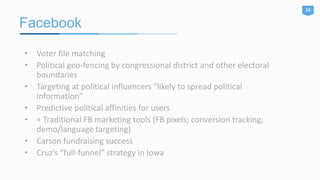 Facebook
10
• Voter file matching
• Political geo-fencing by congressional district and other electoral
boundaries
• Targeting at political influencers “likely to spread political
information”
• Predictive political affinities for users
• + Traditional FB marketing tools (FB pixels; conversion tracking;
demo/language targeting)
• Carson fundraising success
• Cruz’s “full-funnel” strategy in Iowa
 