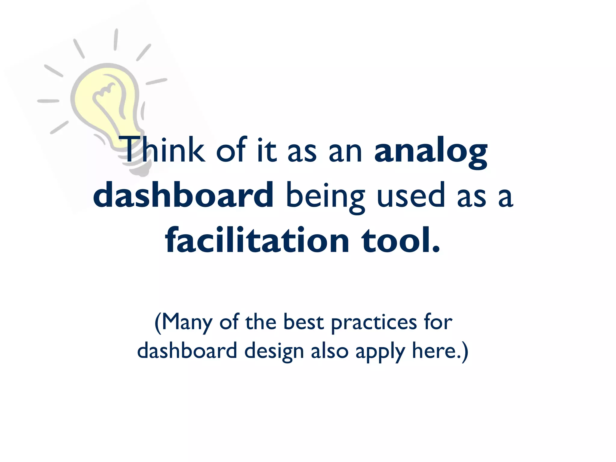 Think of it as an analog
dashboard being used as a
facilitation tool.
(Many of the best practices for
dashboard design also apply here.)
 