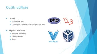 Outils utilisés
 Laravel
 Framework PHP
 Utilisé pour l’interface de configuration web
 Vagrant + VirtualBox
 Machines virtuelles
 Développement
 Tests
5/31/2018 11
 