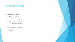 Partie logicielle
 Configuration réseau
 Réseau « interne »
 Fichier de configuration
 Extrémités de la diode
 Dans l’interface web
 Réinitialisation possible
 Console
5/31/2018 9
 