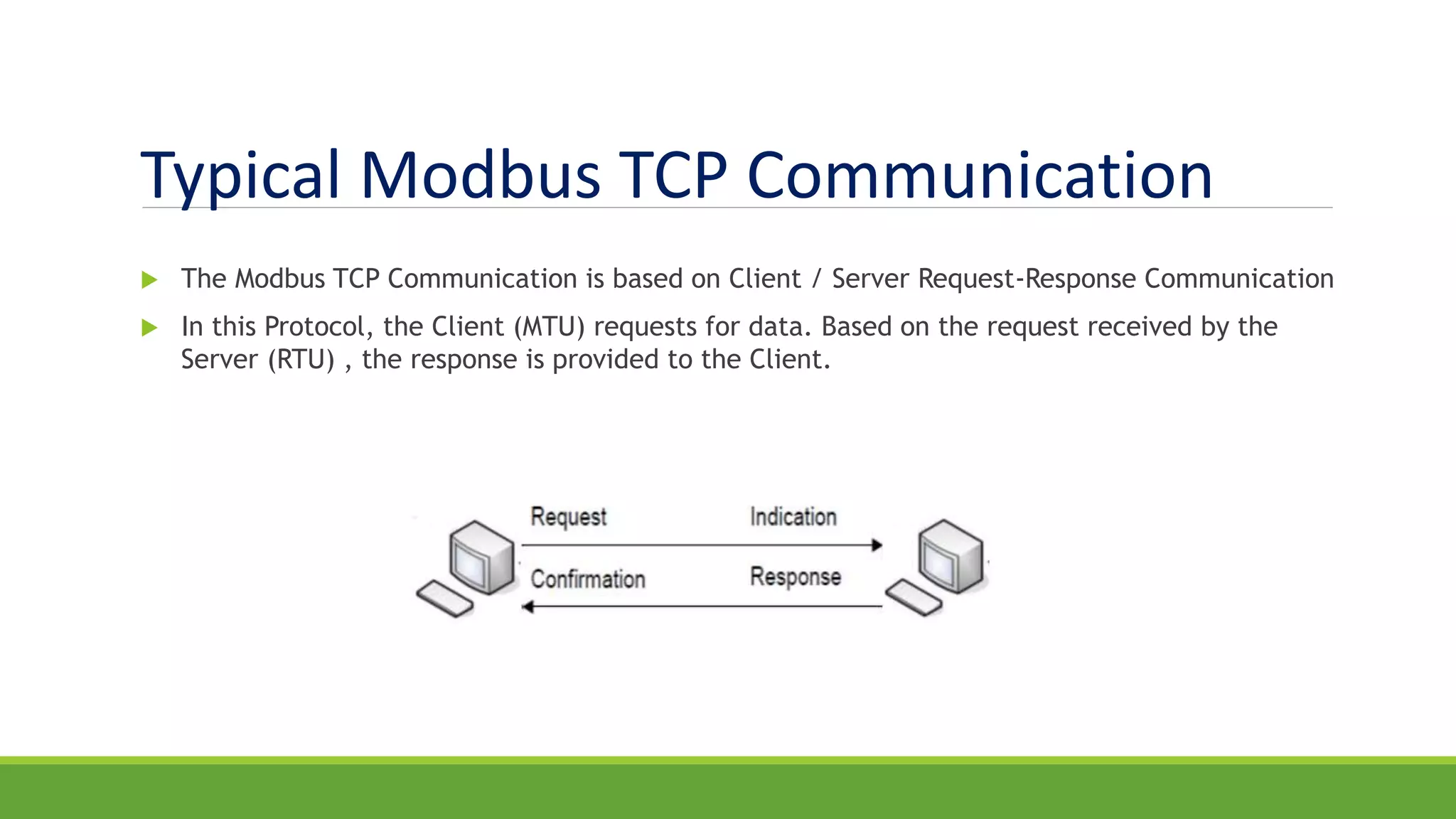 Typical Modbus TCP Communication
 The Modbus TCP Communication is based on Client / Server Request-Response Communication
 In this Protocol, the Client (MTU) requests for data. Based on the request received by the
Server (RTU) , the response is provided to the Client.
 