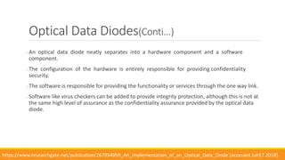 Optical Data Diodes(Conti...)
• An optical data diode neatly separates into a hardware component and a software
component.
• The configuration of the hardware is entirely responsible for providing confidentiality
security.
• The software is responsible for providing the functionality or services through the one way link.
• Software like virus checkers can be added to provide integrity protection, although this is not at
the same high level of assurance as the confidentiality assurance provided by the optical data
diode.
15https://www.researchgate.net/publication/267954959_An_Implementation_of_an_Optical_Data_Diode [accessed Jul 17 2018].
 