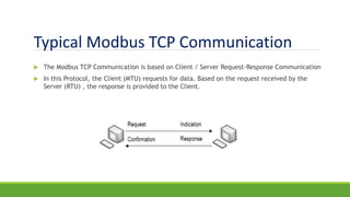 Typical Modbus TCP Communication
 The Modbus TCP Communication is based on Client / Server Request-Response Communication
 In this Protocol, the Client (MTU) requests for data. Based on the request received by the
Server (RTU) , the response is provided to the Client.
 