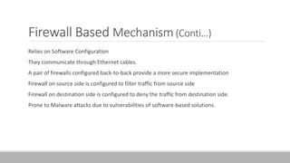 Firewall Based Mechanism (Conti…)
•Relies on Software Configuration
•They communicate through Ethernet cables.
•A pair of firewalls configured back-to-back provide a more secure implementation
•Firewall on source side is configured to filter traffic from source side
•Firewall on destination side is configured to deny the traffic from destination side.
Prone to Malware attacks due to vulnerabilities of software-based solutions.
 