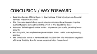  Expanding Domain Of Data Diodes in Govt, Military, Critical Infrastructure, Financial
Services, Telecommunications.
 The Cybersecurity goal of any organization to minimize risks while preserving data
availability seems achievable with the advent of ATM Based Data Diode
 Advanced Technology will enable network segments to get smaller, providing better
security.
 As IoT expands, Security becomes prime concern & Data Diodes provide promising
solution
 The Unhackable nature of Hardware based solutions with new innovations for greater
efficiency, flexibility & performance presents a bright future ahead.
CONCLUSION / WAY FORWARD
 