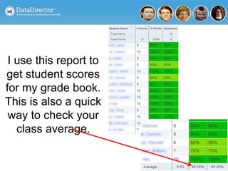 I use this report to
get student scores
for my grade book.
This is also a quick
way to check your
class average.
 
