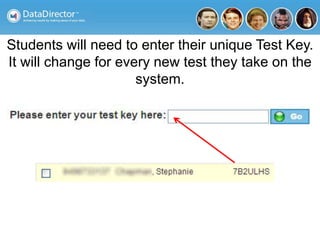 Students will need to enter their unique Test Key.
It will change for every new test they take on the
system.
 