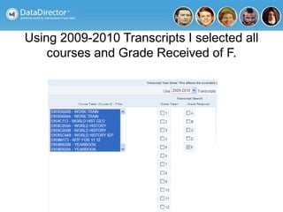 Using 2009-2010 Transcripts I selected all
courses and Grade Received of F.
 