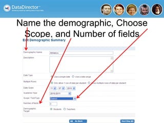 Name the demographic, Choose
Scope, and Number of fields
 