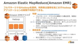 Amazon Elastic MapReduce(Amazon EMR)
• 特徴 (http://aws.amazon.com/jp/elasticmapreduce/)
– フルマネージド：クラスタの構築から構成変更、破棄ま
ですべてマネージしてくれる
– ⾃動化：Amazon EMRのAPIを利⽤するとジョブに合わ
せてクラスタを起動し、実⾏させ、終了したらクラスタ
を破棄、というような⾃動化が容易
– AWS：Amazon S3やAmazon DynamoDBからデータ
の⼊出⼒が可能
• 価格体系 (http://aws.amazon.com/jp/elasticmapreduce/pricing/)
– EMRを使った全体費⽤考え⽅
• 時間あたりのEMR費⽤ + 時間あたりのEC2（EMRによって起動され
るHadoopクラスタを構成するEC2）費⽤
– 例えば東京リージョンでc3.xlarge * 8のクラスタ
• (EMR $0.053 + EC2 $0.255) * 8 / hour
フルマネージドなHadoopを提供。利⽤者は運⽤を気にせずHadoop
アプリケーションの開発や利⽤ができる。
Hadoop
Hadoop
Amazon EMRクラスタ
AWSサービスとの連携
スマートインサイトスマートインサイト
 