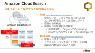 Amazon CloudSearch
• 特徴 (http://aws.amazon.com/jp/cloudsearch/)
– 検索ソリューションが容易に導⼊可能
– 2015年4⽉現在 34 の⾔語をサポート
– 豊富な検索機能
– ⾼度な⽇本語解析処理機能
• 形態素解析、Bi-gramでのIndexing
• 読み仮名でのサジェスト(AutoComplete)
• 価格体系 (http://aws.amazon.com/jp/cloudsearch/pricing/)
– 検索インスタンス数
– ドキュメントバッチのアップロード回数
– INDEX再作成リクエスト回数
フルマネージドなクラウド型検索エンジン
Amazon CloudSearch
データ増加に
⾃動対応
トラフィック増加に
⾃動対応
 