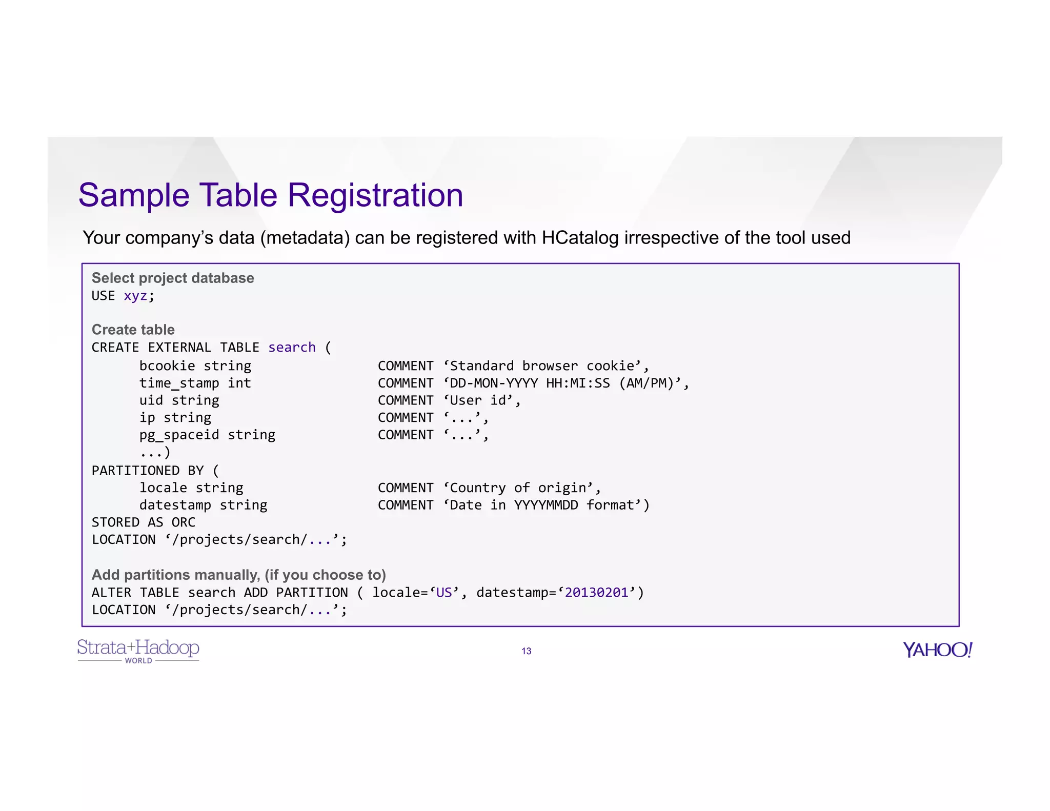 Sample Table Registration
13
Select project database
USE	
  xyz;	
  	
  
Create table
CREATE	
  EXTERNAL	
  TABLE	
  search	
  (	
  
bcookie	
  string 	
   	
  COMMENT	
  ‘Standard	
  browser	
  cookie’,	
  
time_stamp	
  int	
   	
   	
  COMMENT	
  ‘DD-­‐MON-­‐YYYY	
  HH:MI:SS	
  (AM/PM)’,	
  
uid	
  string	
   	
   	
  COMMENT	
  ‘User	
  id’,	
  
ip	
  string 	
   	
  COMMENT	
  ‘...’,	
  	
  
pg_spaceid	
  string	
   	
  COMMENT	
  ‘...’,	
  	
  
...)	
  
PARTITIONED	
  BY	
  (	
  
locale	
  string	
   	
   	
  COMMENT	
  ‘Country	
  of	
  origin’,	
  	
  
datestamp	
  string 	
   	
  COMMENT	
  ‘Date	
  in	
  YYYYMMDD	
  format’)	
  
STORED	
  AS	
  ORC	
  
LOCATION	
  ‘/projects/search/...’;	
  
Add partitions manually, (if you choose to)
ALTER	
  TABLE	
  search	
  ADD	
  PARTITION	
  (	
  locale=‘US’,	
  datestamp=‘20130201’)	
  	
  
LOCATION	
  ‘/projects/search/...’;	
  
Your company’s data (metadata) can be registered with HCatalog irrespective of the tool used
 